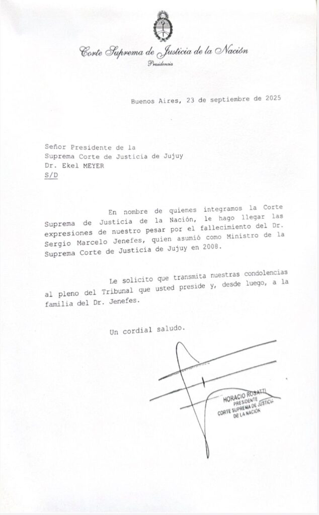 Condolencias de la Corte Suprema de Justicia de la Nación por el fallecimiento d